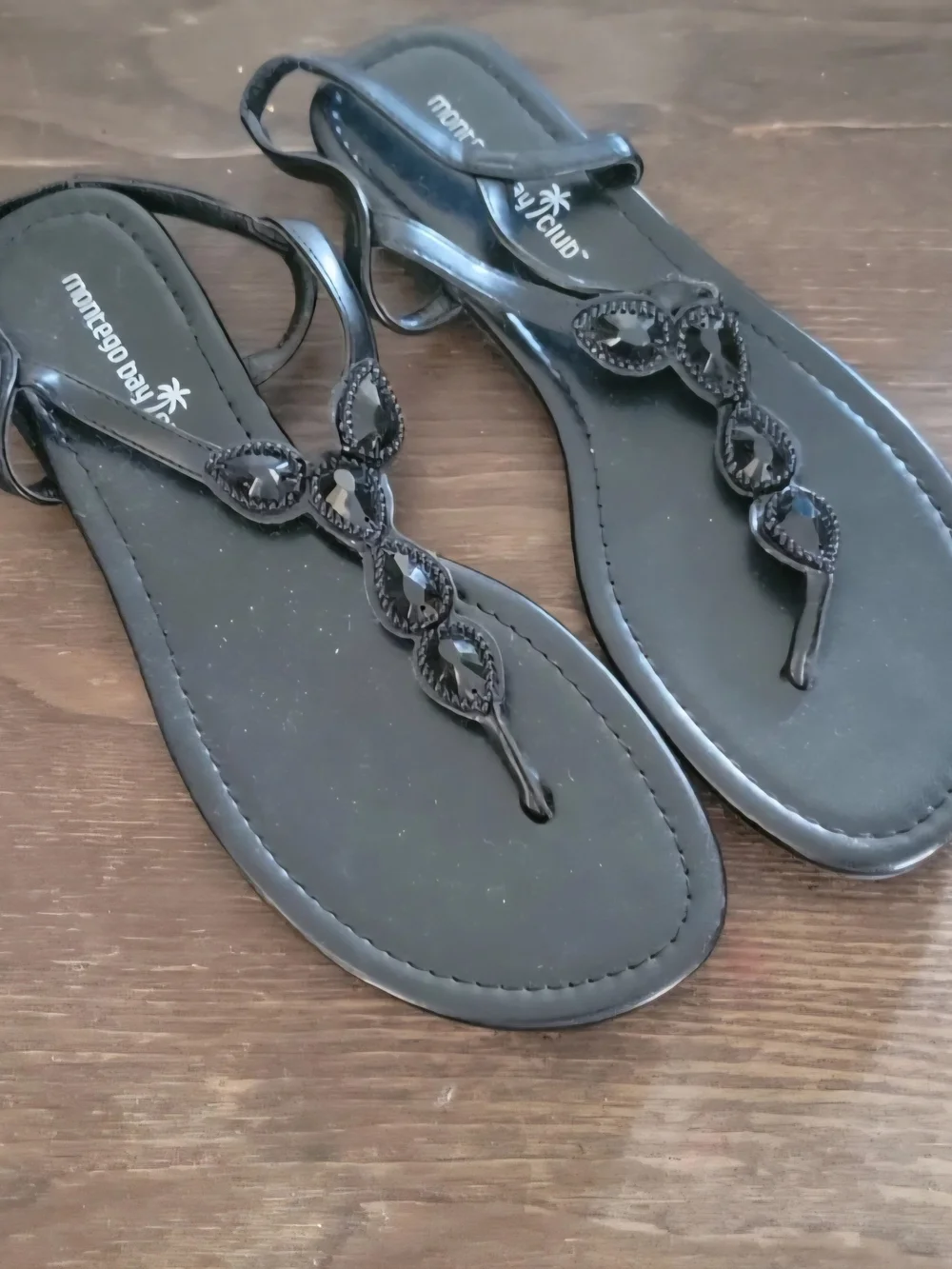 Montego Bay Club Black Jeweled T-Strap Sandals for Women